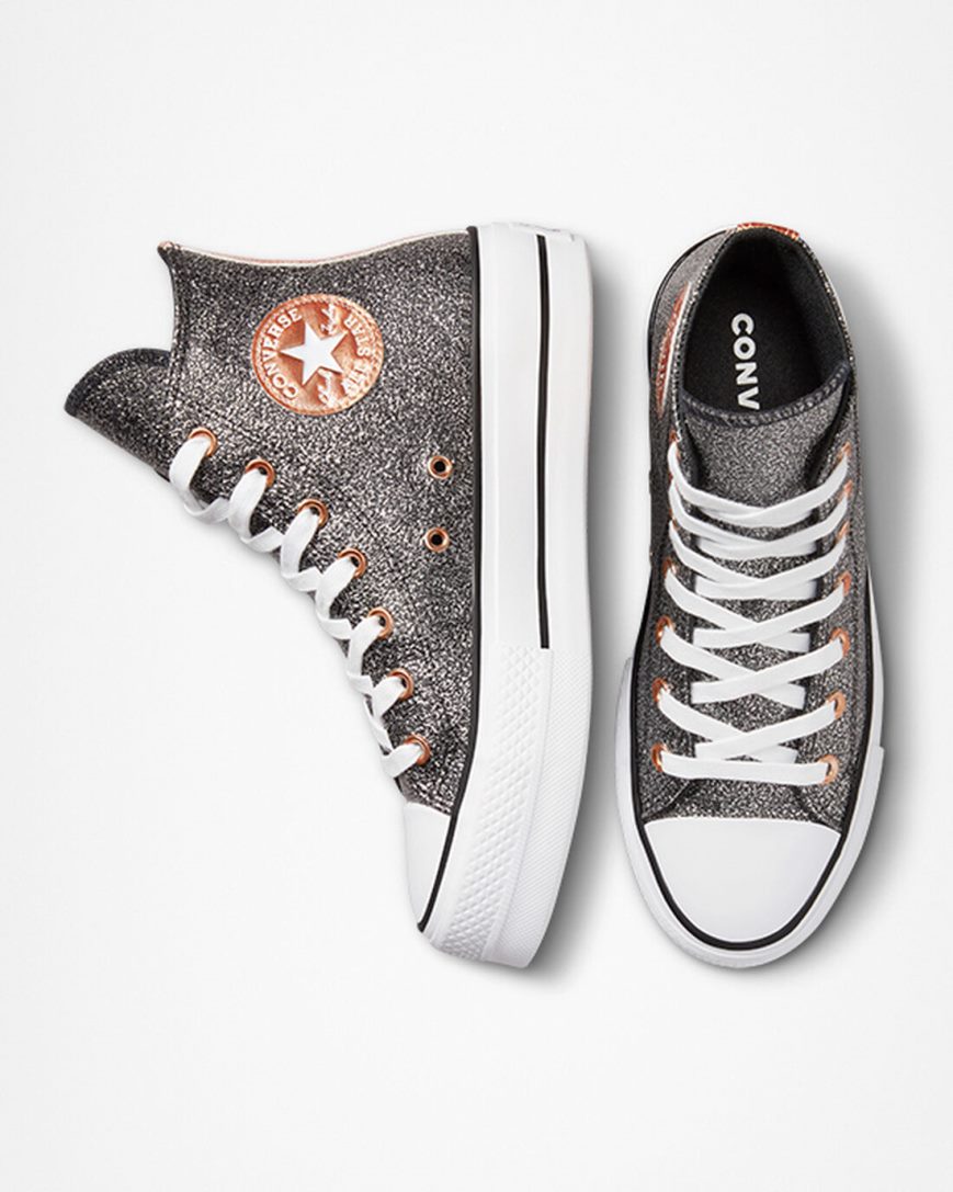 Dámské Boty Na Platformy Converse Chuck Taylor All Star Lift Metallic Glitter Vysoké Černé Měď Bílé | CZ SOEL04